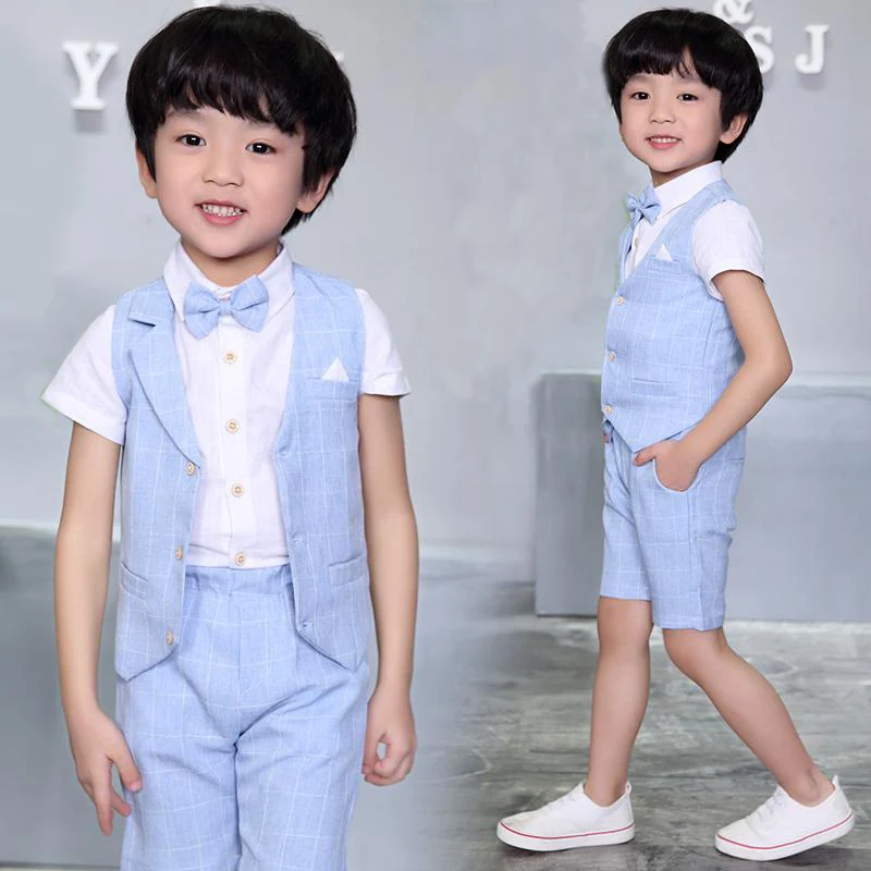 New Boys Summer Formal Vest Shirt Shorts 3Pcs Set Waistcoat Suit Children England Style Wedding with Bowtie for F045 |