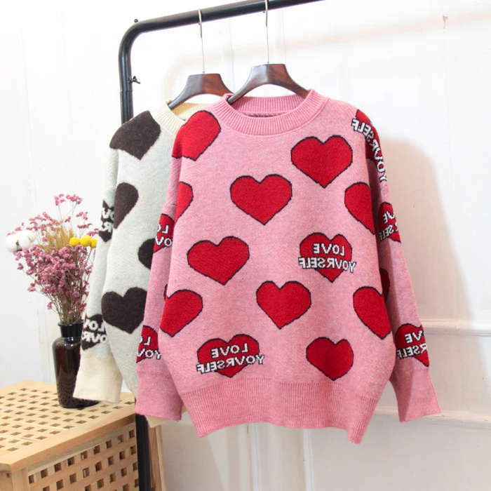 Harajuku sweater women Sweet heart love contrast color block letters autumn winter multicolored pink knit warm pullovers DY343 | Женская