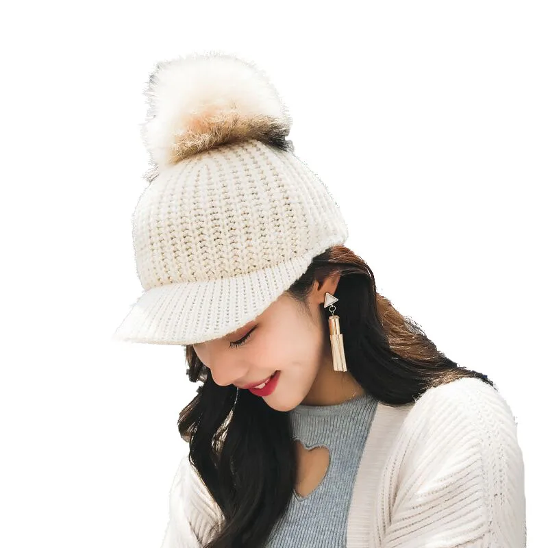 BINGYUANHAOXUAN Korean Hair ball Knitted wool cap Autumn hat women Keep warm Curved eaves Raccoon fur Peaked cap Baseball Caps