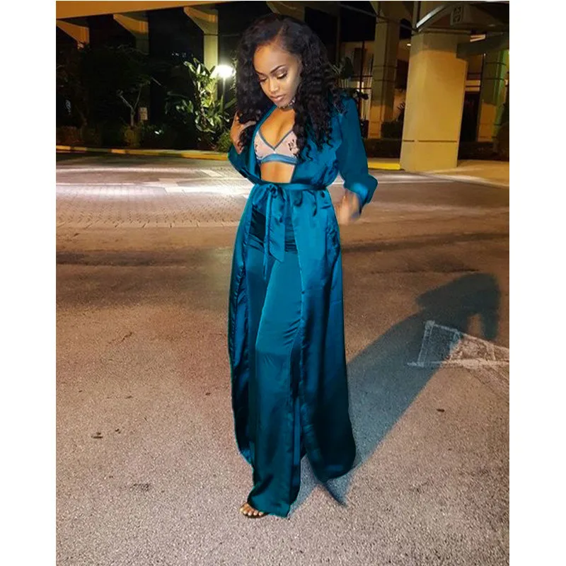 Satin Two Piece Set Women Fashion Long Kimono Cardigan Trench Coat and Wide Leg Pants Set Ladies Trousers Suits 2 Piece Outfits