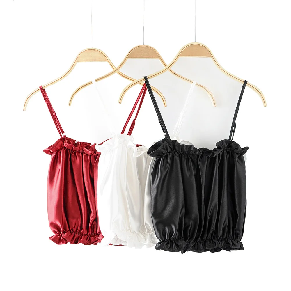 Женский атласный Топик с оборками красный топик на бретельках топ укороченный