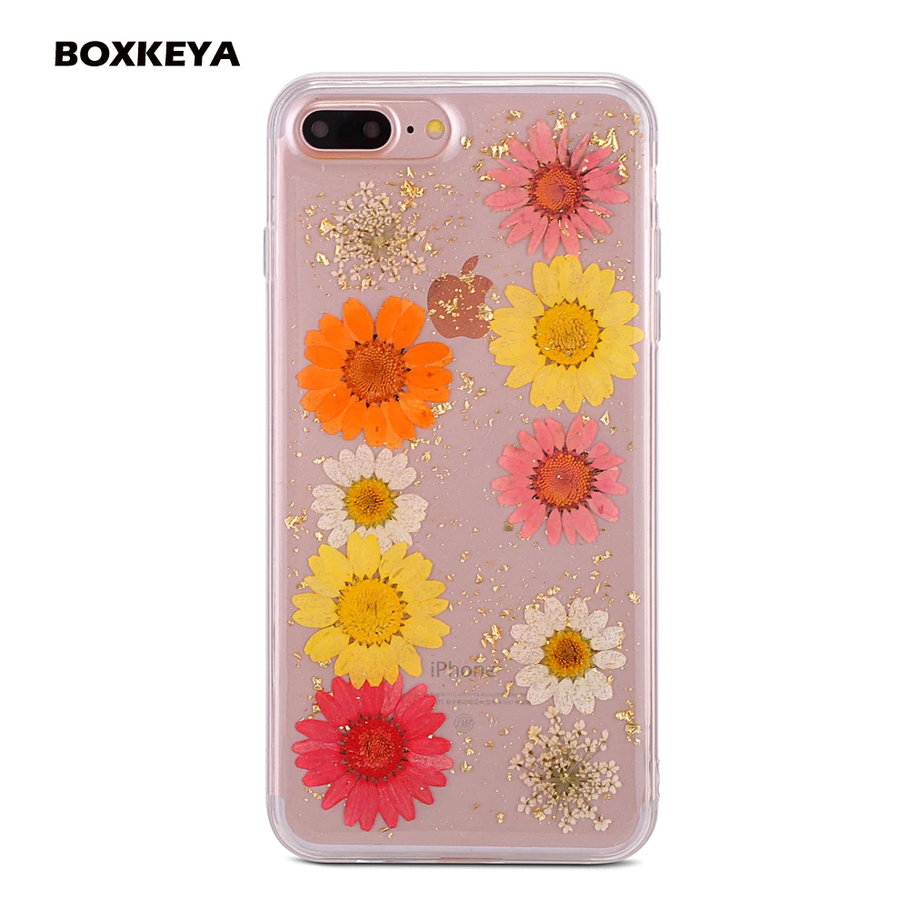 100% Handmade Natural Foil Bling Real Dried Flowers Cases For iphone X 6 6S 7 8 Plus Case Clear Soft TPU Phone Back Cover Coque |