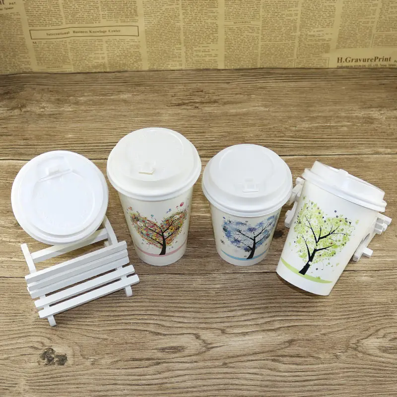 cup and white lid 50 шт одноразовые стаканчики для кофе, уплотненные бумажные стаканчики, Мультяшные чашки с изображением дерева любви, молока, чая, кофе, сока, напитков, упаковочные стаканчики с крышками - Цвет: cup and white lid