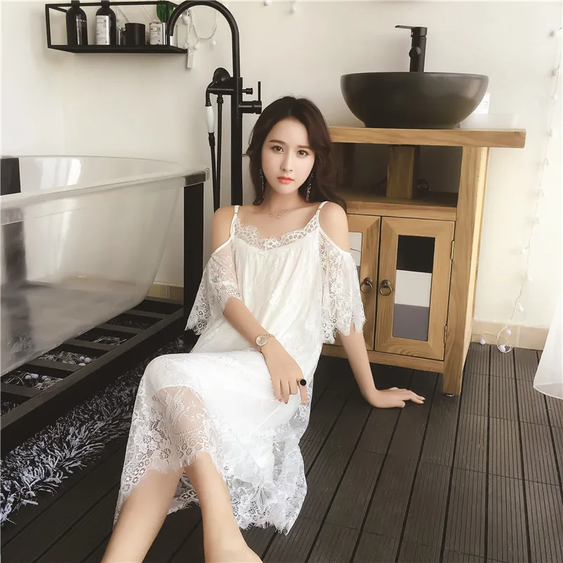 Женское кружевное ночное белье ночная рубашка в стиле принцессы белая и черная