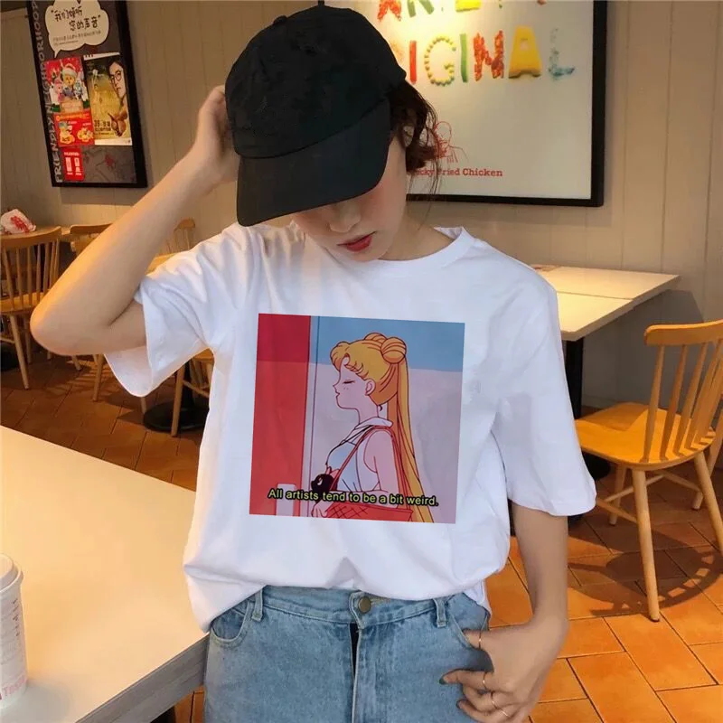 Сейлор Мун футболка Kawaii Женская летняя футболка Harajuku сладкий принт короткий рукав Ullzang футболка Женские топы футболки графический