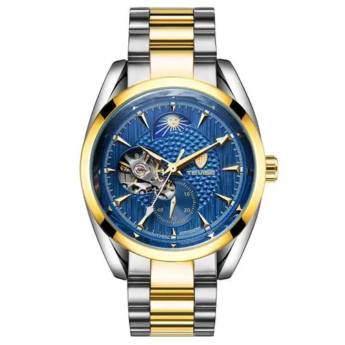 Часы мужские механические automatic Tourbillon деловые мужские часы Moon Phase стальные мужские часы водонепроницаемые наручные часы Tevise T795c - Цвет: Gold Blue