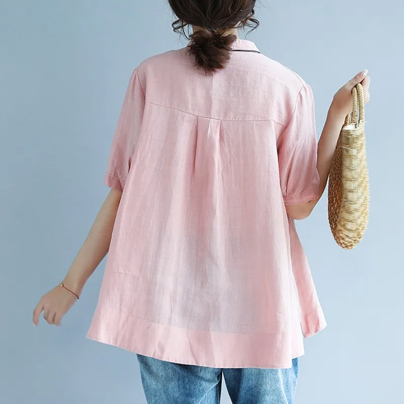 Женская однотонная блузка с вышивкой и воротником стойкой Повседневная из