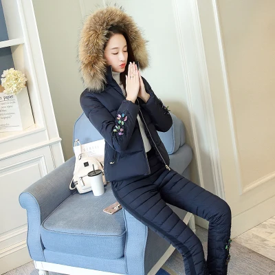navy blue Зимняя куртка женская одежда комплект одежды из хлопка для отдыха комплект из 2 предметов с меховым воротником и капюшоном+ длинные штаны Модное теплое пальто - Цвет: navy blue