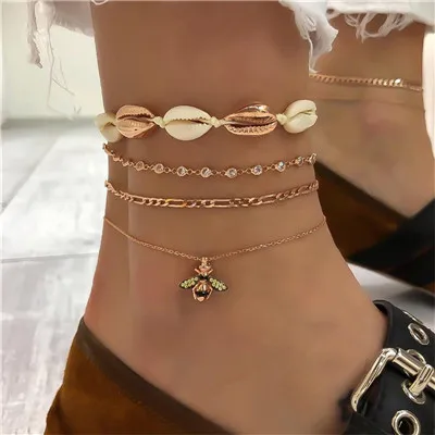 gold Docona пляжные золотые белые морские раковины пчела кристалл браслеты цепочки на ногу для женщин раковины Layerd ножной браслет ювелирные изделия для ног 7117 - Окраска металла: gold