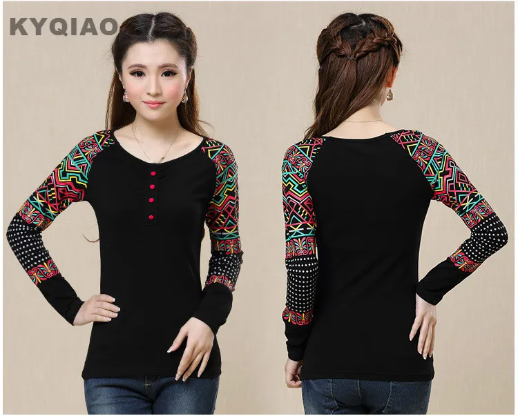 KYQIAO весенне осенняя Футболка с принтом племени для женщин этническая Базовая