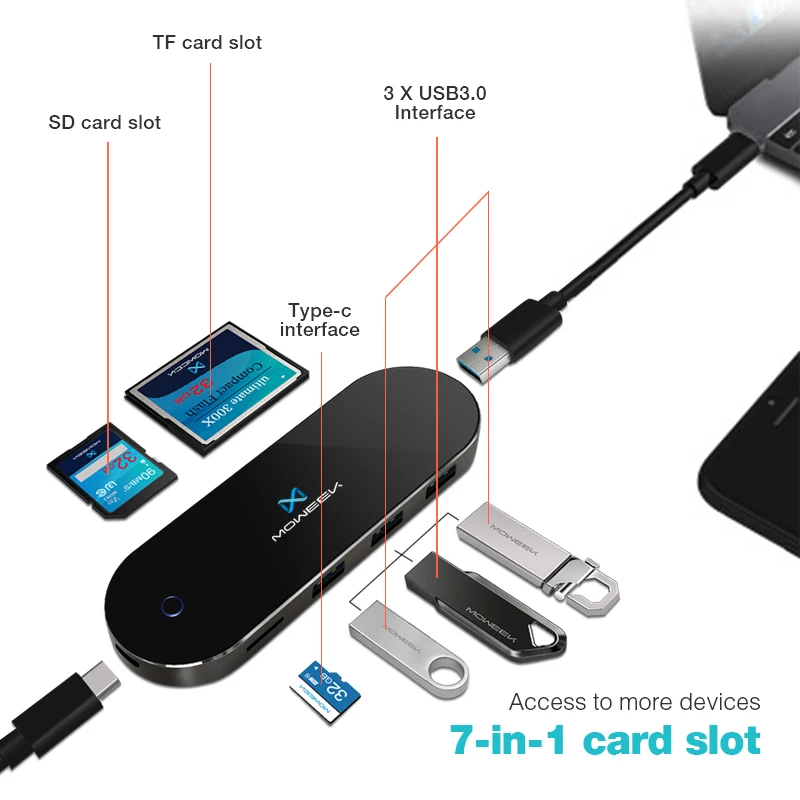 Moweek USB HUB Type C to 3.0 hub usb splitter 7 in 1 SD/TF Card Reader for MacBook Samsung S9 huawei P20/P20 pro | Компьютеры и офис