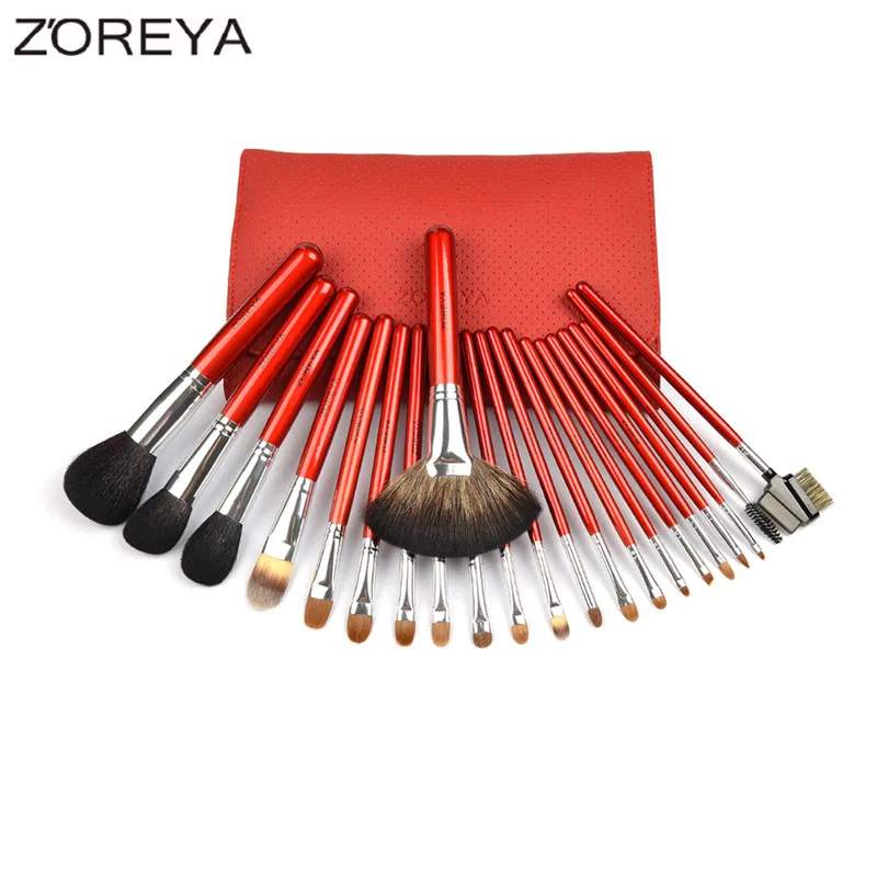 Red color Набор кистей для макияжа ZOREYA, Соболь, с косметичкой, 22 шт, Профессиональные кисти для макияжа, веер, пудра, тени для век, кисти для макияжа - Handle Color: Red color
