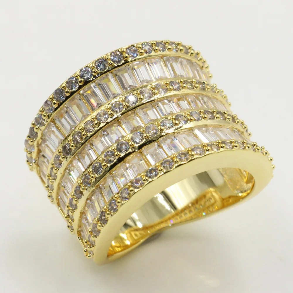 

Rulalei Brand Luxury Jewelry 925 Sterling Silver&Gold Fill Wide Ring Princess Cut White CZ Party Wedding Ring for Mother's Day