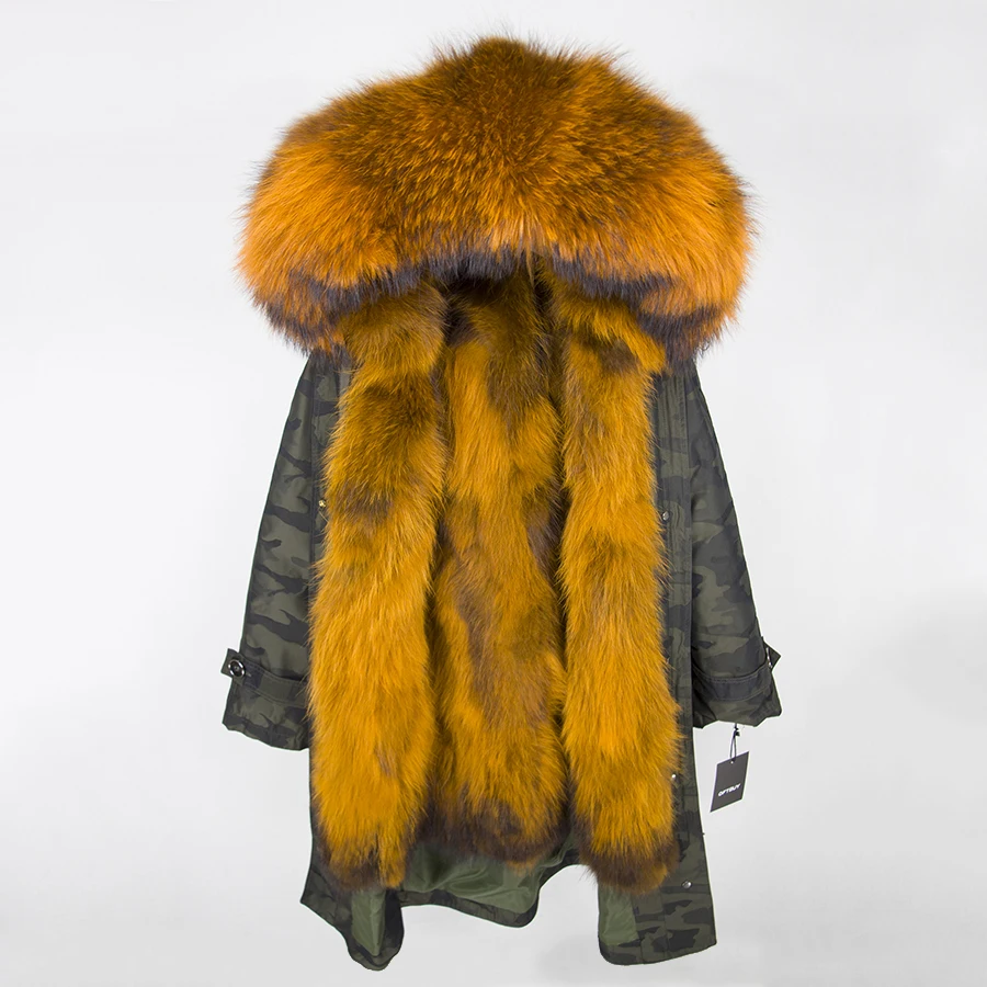 green camouflage OFTBUY, зимняя женская куртка, пальто с натуральным мехом, удлиненная Камуфляжная парка, воротник из натурального меха енота, капюшон с мехом лисы внутри, уличная одежда - Цвет: green camouflage