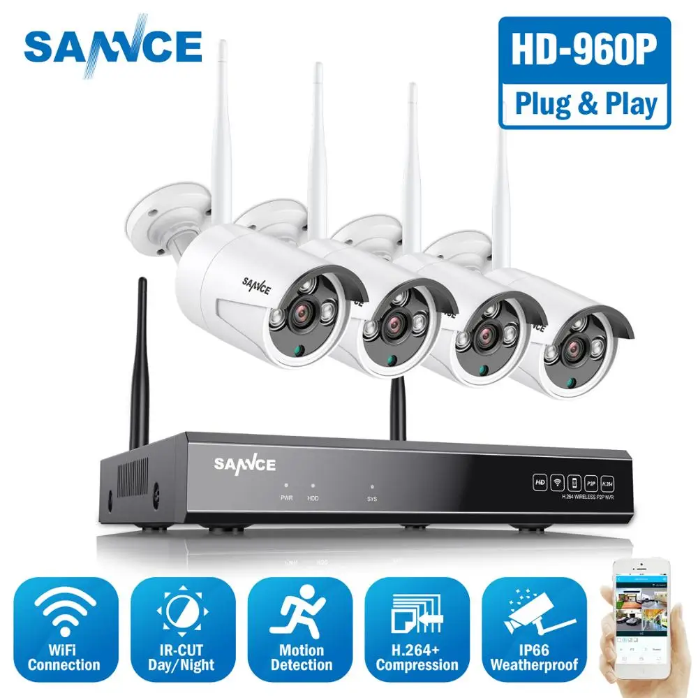 SANNCE 8CH HD 960P беспроводная домашняя система безопасности 1080P HDMI NVR с 4 шт 960P наружные погодостойкие Wifi IP камеры CCTV набор