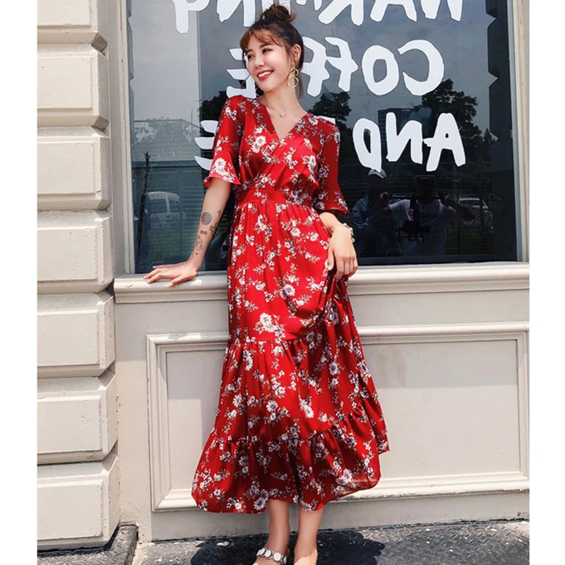 

2019 Fashion Spring Summer New Women Chiffon Dress Vintage Red Floral Print Boho Beach Dress Casual V-neck Long Maxi Dresses