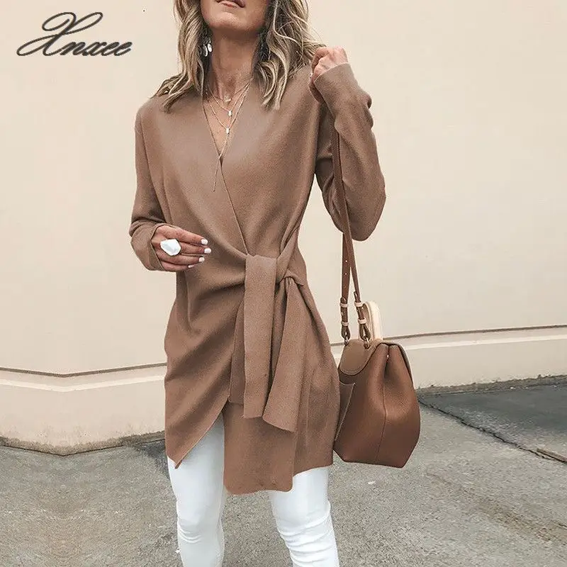 

2020 autumn winter woolen blend coats women outwear sexy v neck lace-up solid casual overcoats female slim jacket coats