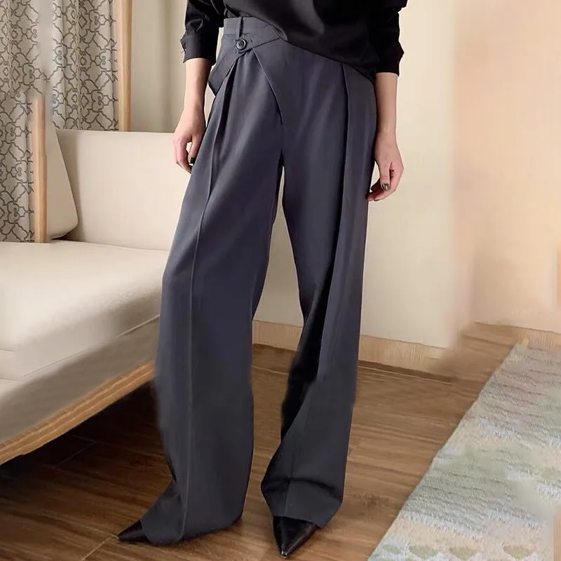 CHICEVER Summer Elegant Solid Women Pant High Waist Irregular Button Fly Pockets Pleated Slim Regular Female Straight Pants - Цвет: gray