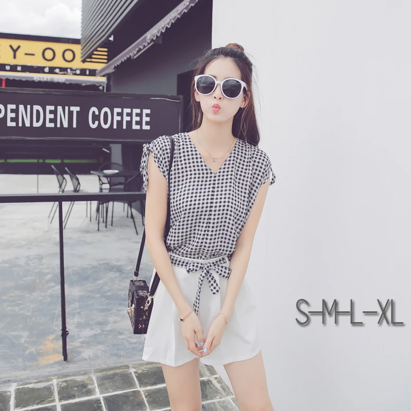 2017 Летом Случайные женские Наборы 2 Шт. Набор V Шеи Черный клетчатой Рубашке Топ и