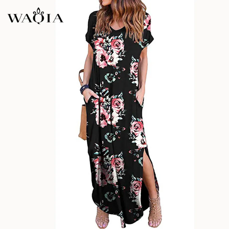 WAQIA 2019 женское летнее платье с цветочным принтом повседневное длинное коротким