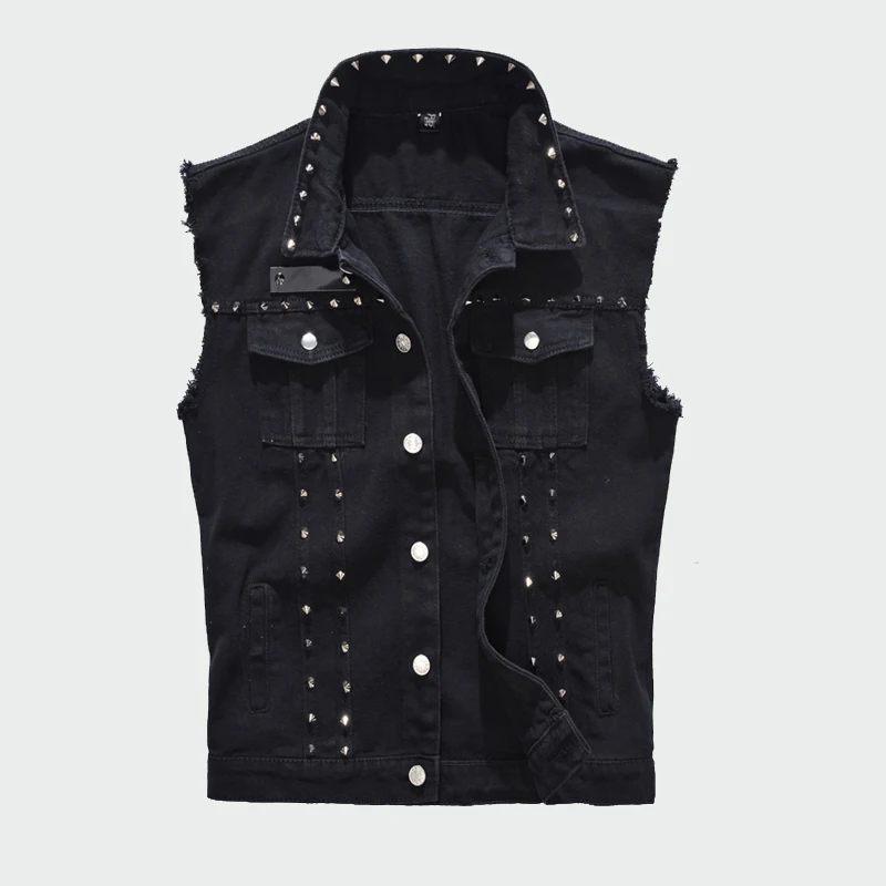 Мужской джинсовый жилет с заклепками винтажный черный без рукавов ML238