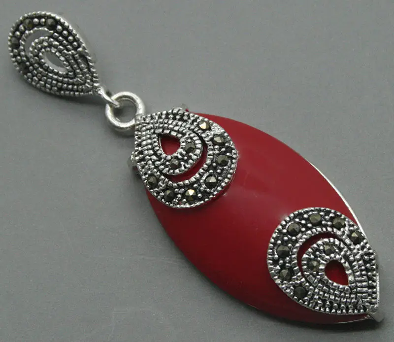 

925 STERLING SILVER RED CORAL MARCASITE NECKLACE PENDANT 18x40MM