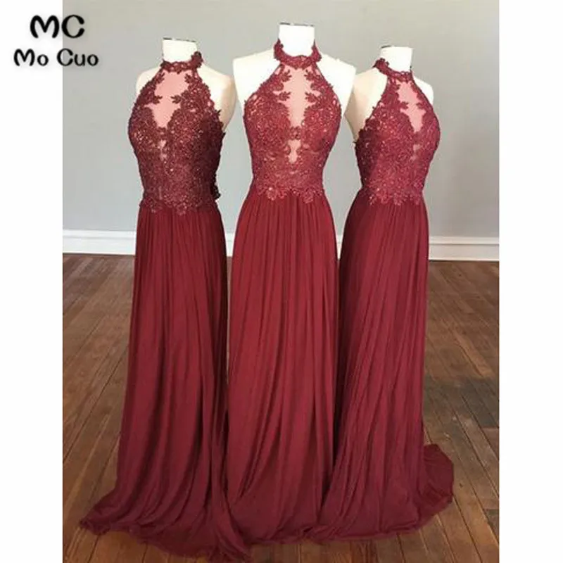 

Long 2018 Burgundy Wedding Party Dress Halter vestido longo de festa Pleat Chiffon Draped Prom Bridesmaid Dresses for women