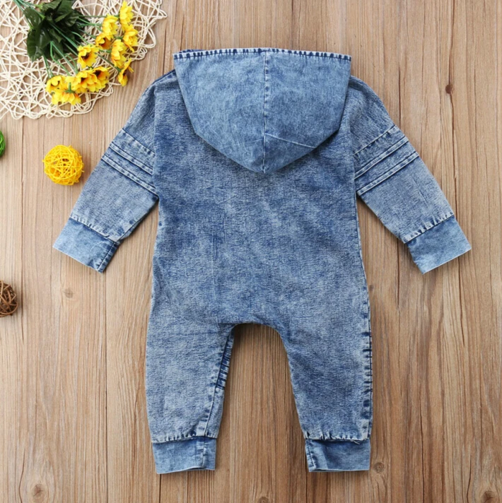 Одежда для новорожденных мальчиков и девочек Джинсовый комбинезон с капюшоном