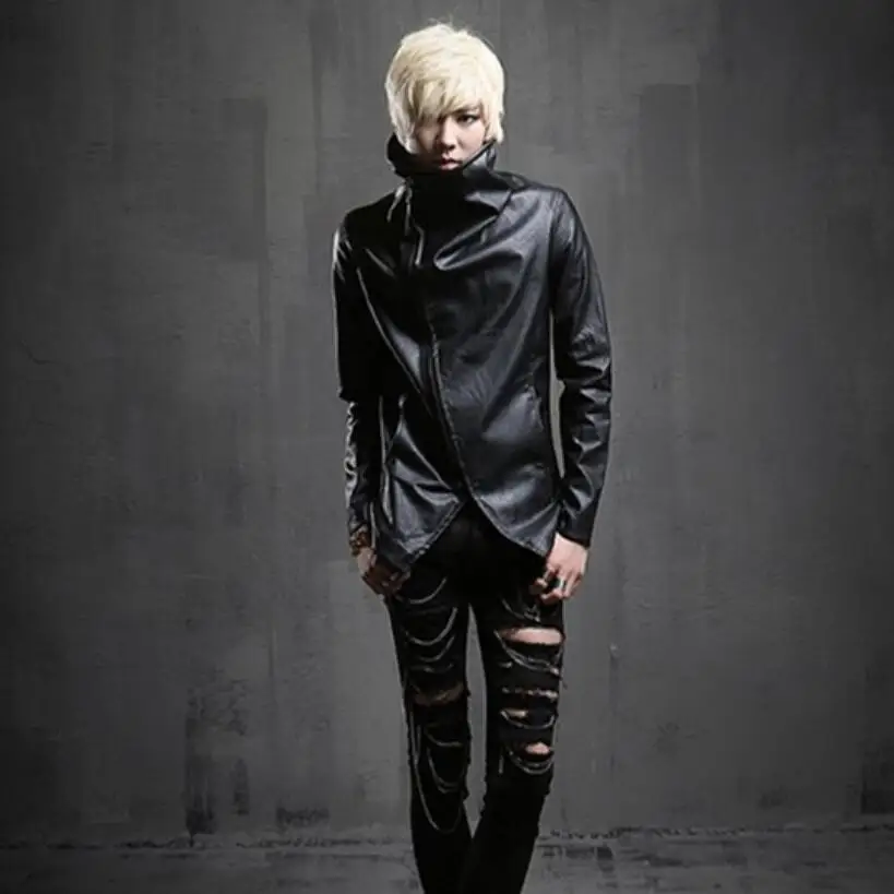 ASIAN SIZE Nightclub DJ punk rock slim leather jacket oblique zipper design men turtleneck motorcycle biker faux leather jackets and coats - Цвет: ASIAN SIZE