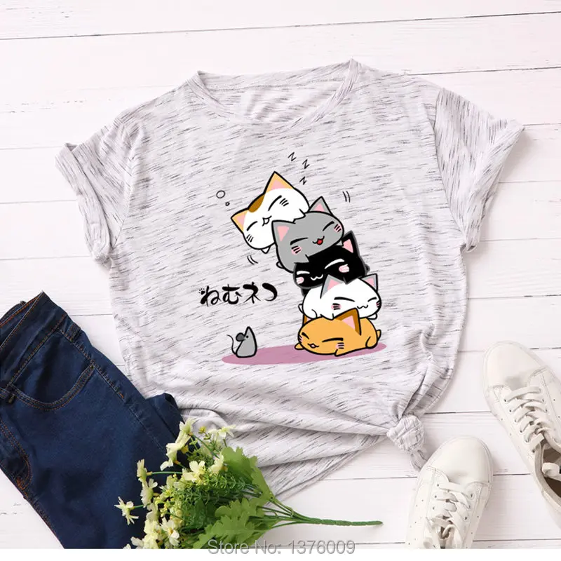 Летняя футболка с японскими играми женская футболка с котом Neko Atsume повседневные топы в стиле Харадзюку для школьниц Shein Mujer Tee S-5XL - Цвет: Серебристый
