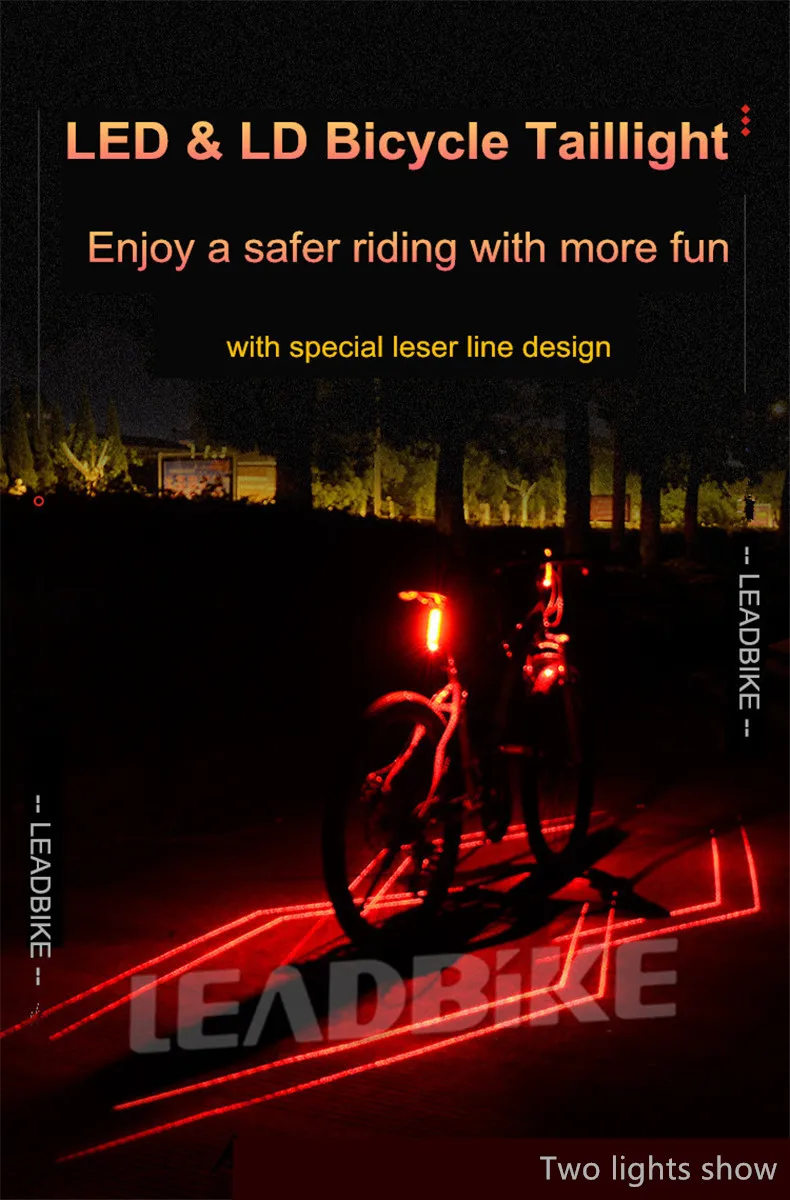 Лазерный велосипедный задний светильник Leadbike, супер яркий USB аккумулятор, перезаряжаемый водонепроницаемый велосипедный задний фонарь, Ночной светильник, аксессуары для езды