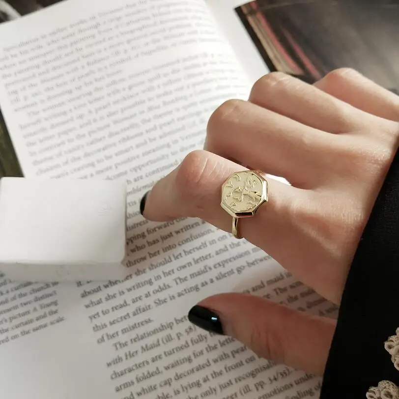 Gold Color Индивидуальный Золотой неровный восьмиугольник Абстрактная фигура кольца для женщин обручальное кольцо 925 пробы серебряные ювелирные изделия для девочек - Цвет основного камня: Gold Color