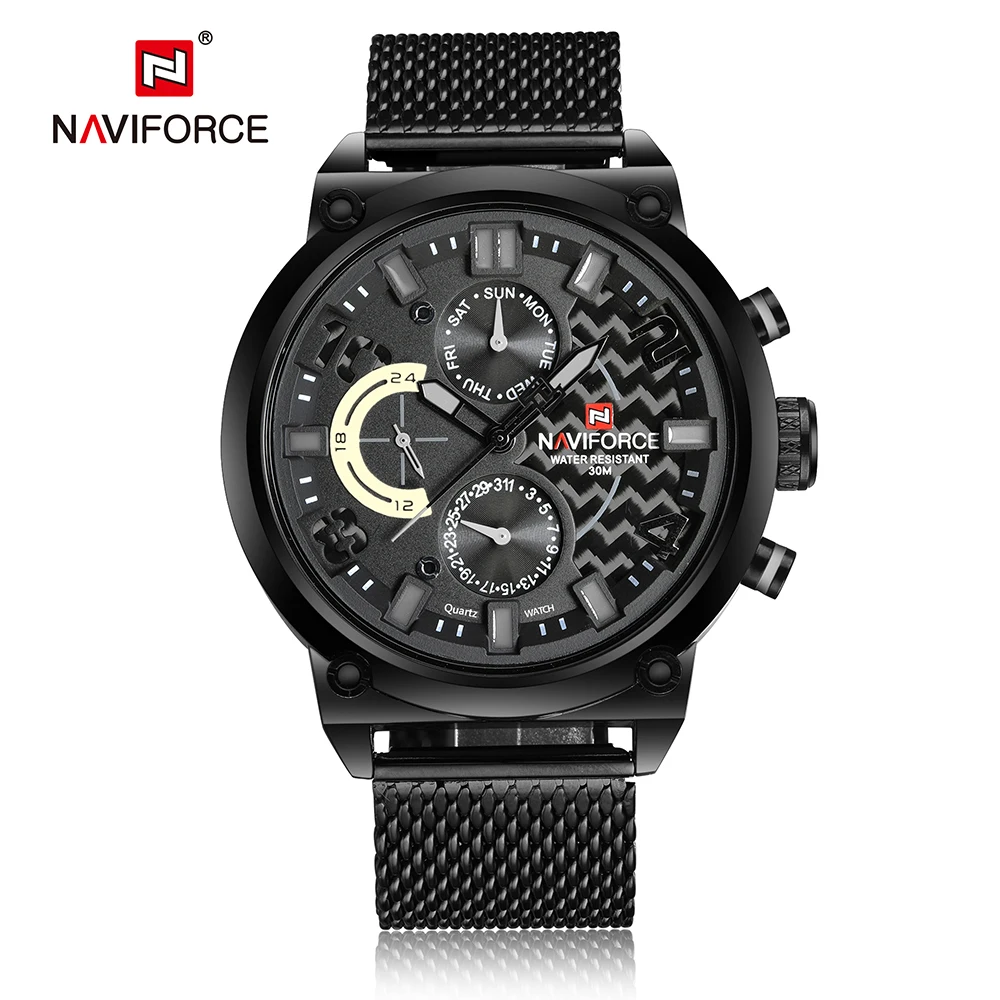 NAVIFORCE мужские часы из нержавеющей стали сетчатый ремешок шесть часов Модные