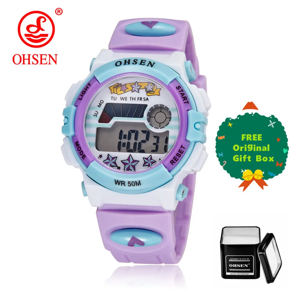 purple and gift box OHSEN детские часы электронные 5 бар водонепроницаемые часы для спорта на открытом воздухе детские часы модные цифровые часы для мальчиков Relogio Masculino - Цвет: purple and gift box