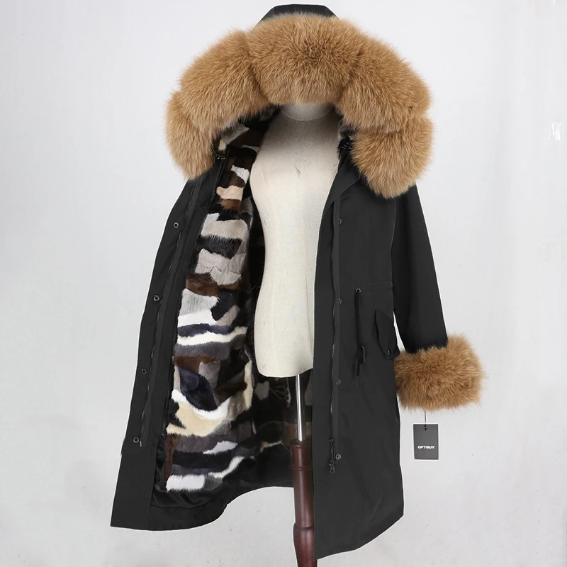 black camel OFTBUY удлиненная парка, пальто из натурального меха, зимняя куртка для женщин, натуральный меховой воротник, Капор из норки, меховая подкладка, водонепроницаемая верхняя одежда, съемная - Цвет: black camel