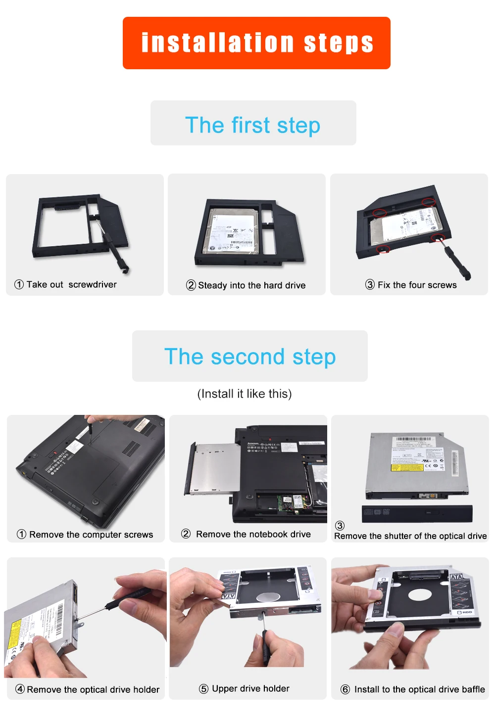 TISHRIC Пластик 2nd HDD Caddy 12,7 мм SATA 3,0 для 2,5 ''7/9/12,5 мм SSD Коробка Чехол Корпус адаптер для ноутбука DVD-ROM Optibay