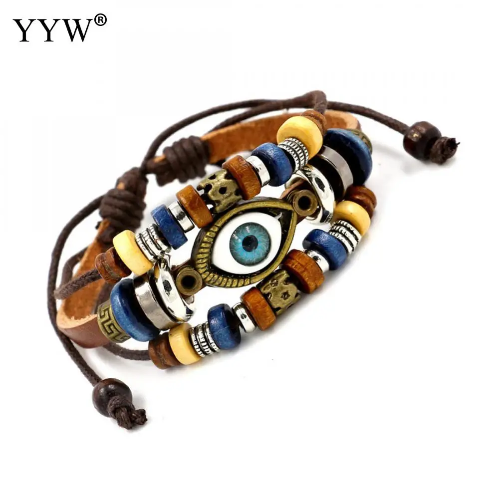 

YYW men women bracelet New Bohemian Tibetan Leather Bracelet Punk Cotton Cord Wood Evil Eye Bead Bangles Boho Jewelry 2018