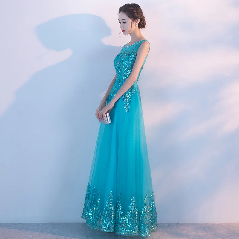 Beading dresses for graduting date Evening Dresses Tulle peacock blue stage dress twinkling Neckline Party Designs Prom Gowns | Свадьбы и