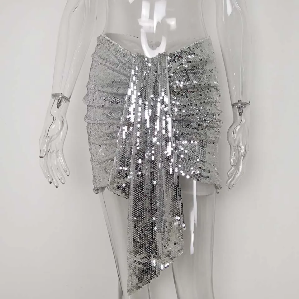 Silver Skirt Karlofea элегантные цветочные юбки с пайетками женские шикарные Асимметричные драпированные мини-юбки с запахом спереди пикантные Клубные вечерние костюмы юбки - Цвет: Silver Skirt