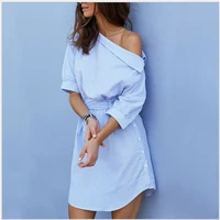 mayfull fashion women elegant striped sashes inclined shoulder half sleeve dress evening party dress brand blue dress dresses