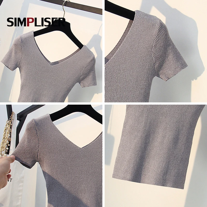 Thin Pullovers Women 2019 Summer Knitted Tees V-neck Short Sleeve Female Knitting shirts Ladies Stretch Tops White black blue | Женская