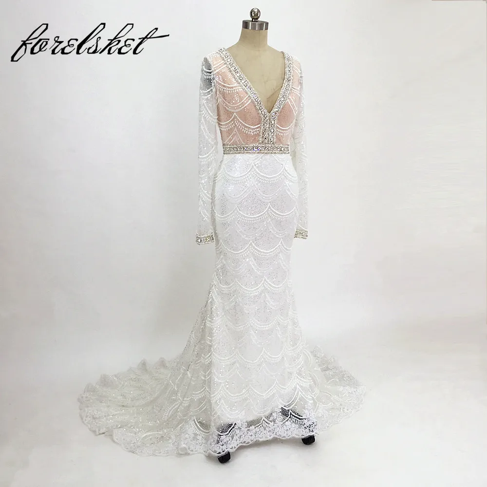 Шампанское Русалка кружево свадебное платье спинки Vestidos de novia Robe De Mariage одежда с длинным рукавом свадебное для невесты