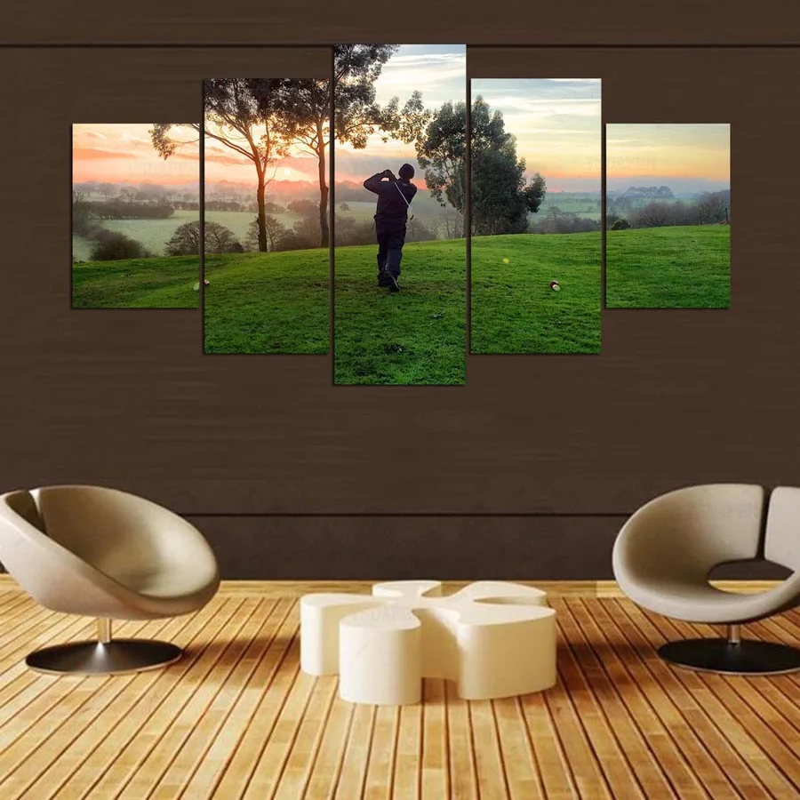 YSDAFEN 5 Pieces Playing Golf Sunrise Landscape Modern Home Wall Decor Canvas Picture Art HD On For Living Room ny-481 | Дом и сад