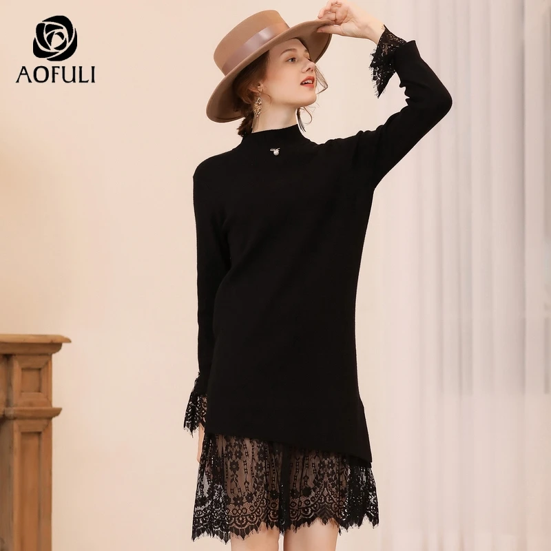 Платье Свитер AOFULI кружевное ассиметричное с длинным рукавом размеры XL 2XL 3XL 4XL