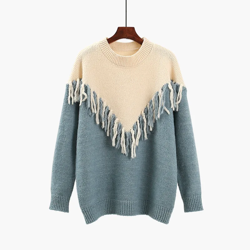 2019 новые модные женские туфли с кисточками свитер круглым вырезом дамы пуловер