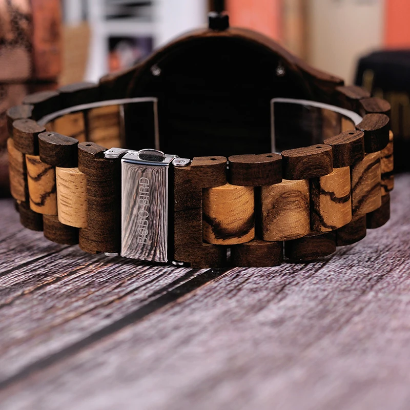 Мужские деревянные часы BOBO BIRD Q09 простые кварцевые Zebrawood и черное дерево