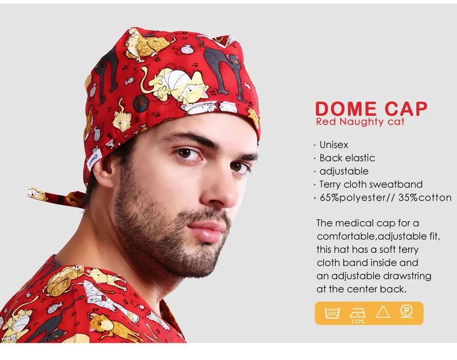 ANNO Medical caps Red Cotton Short/Long Hair Surgical Surgeon's Surgery Hat Hospital Doctor Nurse Hat Men Scrub Hats With Mask