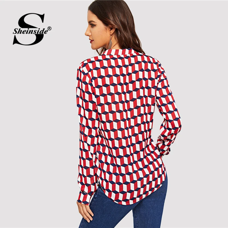 Sheinside, v-образная горловина, кубический принт, блузка, рубашка, женские Топы с длинным рукавом,, асимметричные геометрические элегантные женские блузки и рубашки