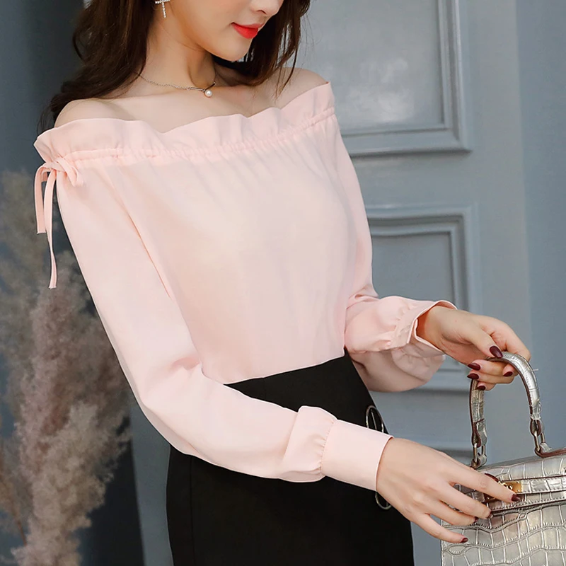 Летняя блузка для Для женщин 2018 Slash шеи сплошной Повседневная рубашка с длинным