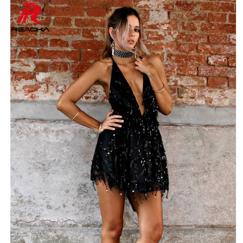 Reaqka пикантные Женские блестками мини платье партии Новинка 2017 года поступления